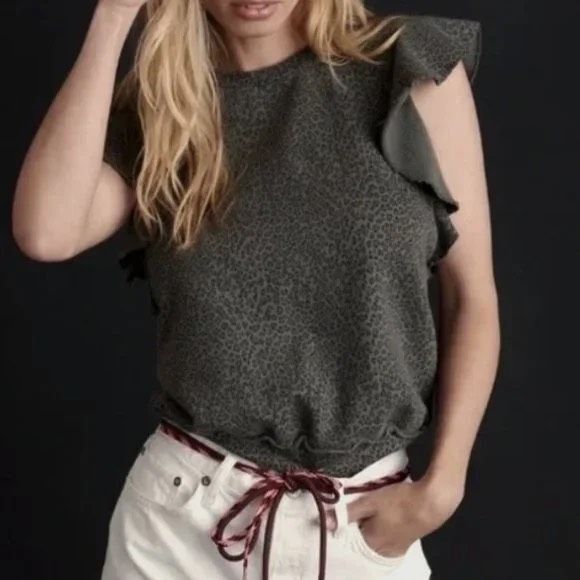 T.LA for ANTHROPOLOGIE Women’s Gray Green Leopard Ruffle Sleeve Sweatshirt Tank - Picture 1 of 8
